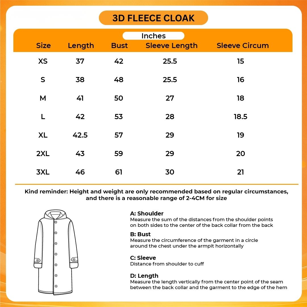 3D Fleece Cloak Size Chart - One Piece Merch Canada