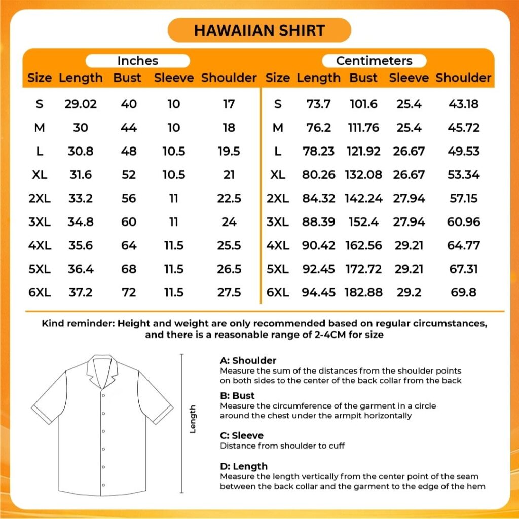 3D Hawaiian Shirt Size Chart - One Piece Merch Canada